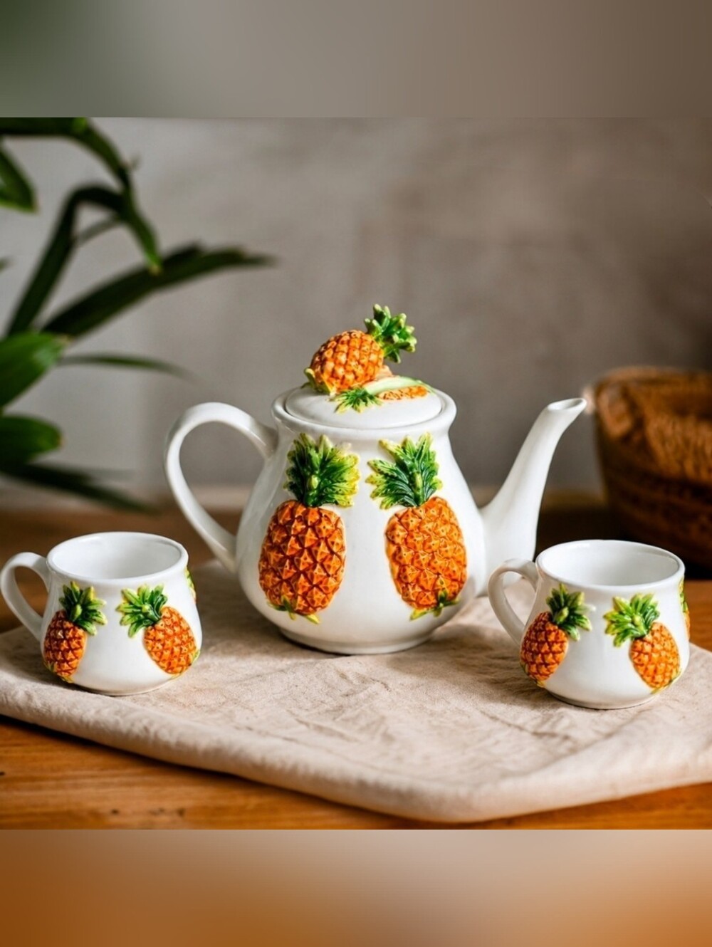 Vintage KMC Pineapple Ceramic Tea Set – Teapot with 2 Matching Cups